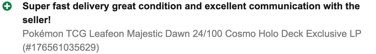 eBay 5-star buyer feedback: Super fast delivery great condition and excellent communication with the seller — Leafeon Majestic Dawn.