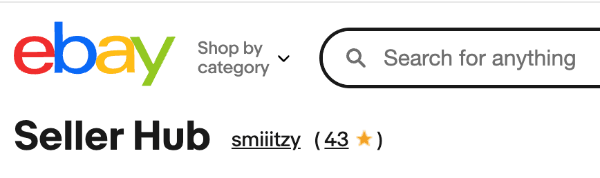 eBay Seller Hub header showing the smiitzy account with 43 star feedback rating.