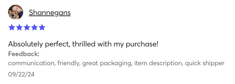 Mercari 5-star review from Shannegans, September 22, 2024: Absolutely perfect, thrilled with my purchase!