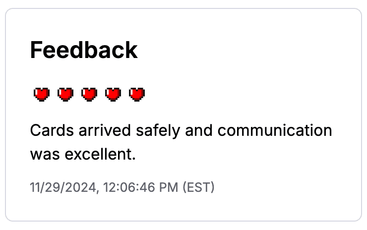 TCGplayer 5-star feedback dated November 29, 2024: Cards arrived safely and communication was excellent.