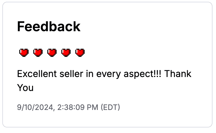 TCGplayer 5-star feedback dated September 10, 2024: Excellent seller in every aspect!!! Thank You.