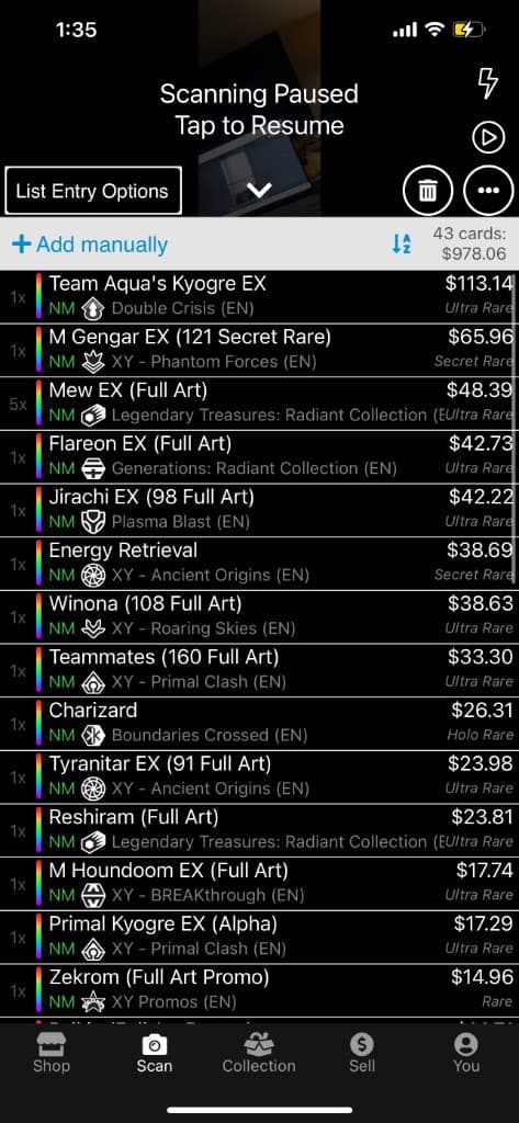 TCGplayer Scan iOS app matching a Pokémon card to its record showing market price, low price, and direct low.